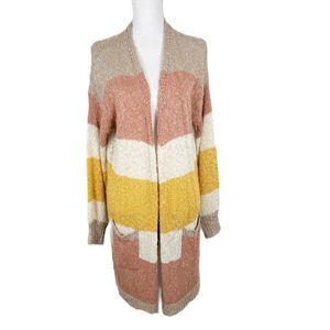Davi & Dani Sweater Women Large Brown Neutral Open Long Boucle Knit Cardigan